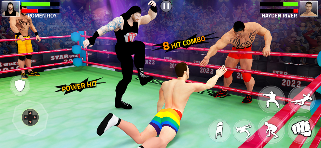 3D wrestling game screenshot showing wrestlers fighting in a ring with hit combo and power hit text