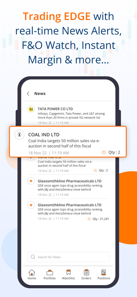 mStock by Mirae Assets-IPO, MF - mStock 앱 인터페이스는 Tata Power 및 Coal India와 같은 인도 주식에 대한 실시간 뉴스 알림을 보여줍니다