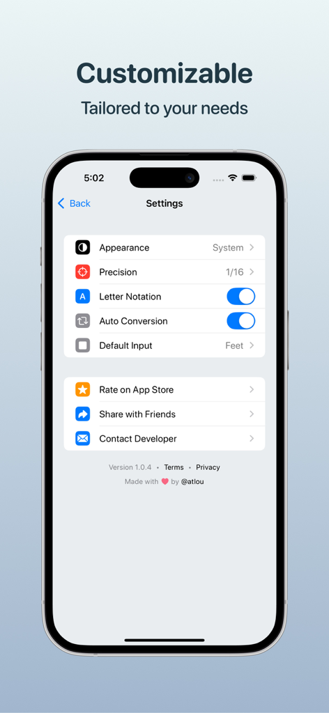 Foots app settings screen showing customizable precision and appearance options