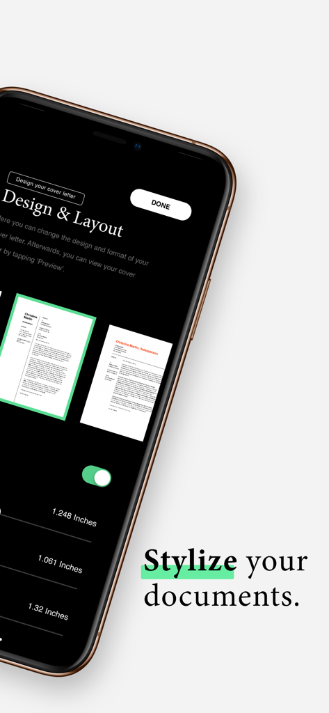 CV Maker · - Mobile app interface for designing and stylizing professional cover letters and resumes