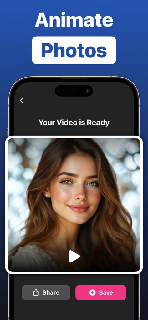 AI Video Generator app interface showing a portrait video created from a photo with share and save options