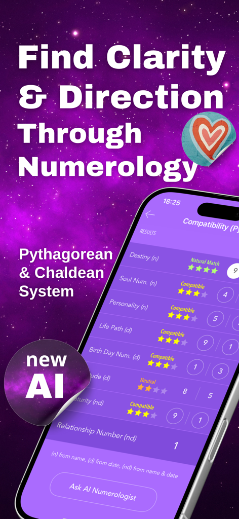 Pocket Numerology - Pocket Numerology app showing compatibility ratings and AI numerologist features on a cosmic purple background