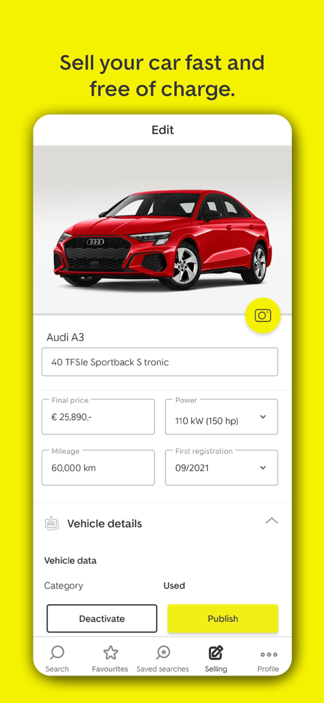 Interfaz de la aplicación móvil AutoScout24 para crear un anuncio de venta de coche para un Audi A3 rojo