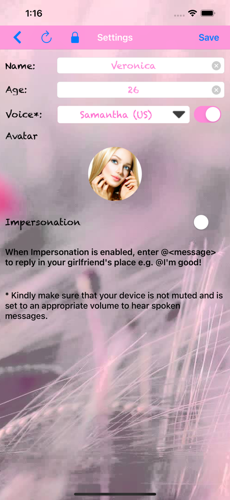 Smart Virtual Girlfriend - スマート仮想ガールフレンドアプリの設定画面。ユーザーは仮想コンパニオンの名前、年齢、声、アバターをカスタマイズできます。