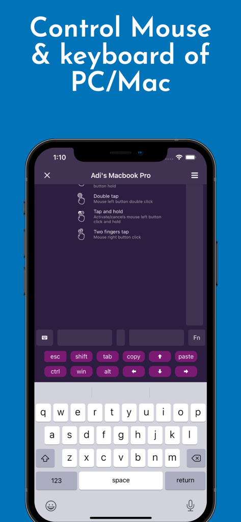 VLC remote app interface showing mouse and keyboard control for PC and Mac