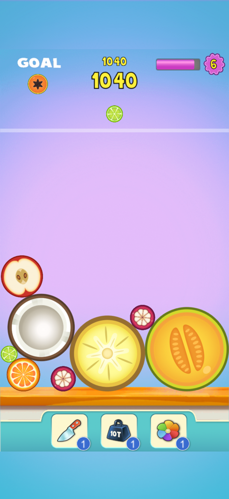 100 Merge Melons - Gameplay screenshot of 100 Merge Melons showing fruits stacked in a physics puzzle