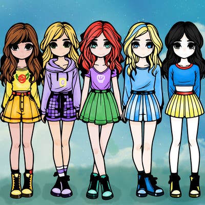 group of 6 realistic girls in a row