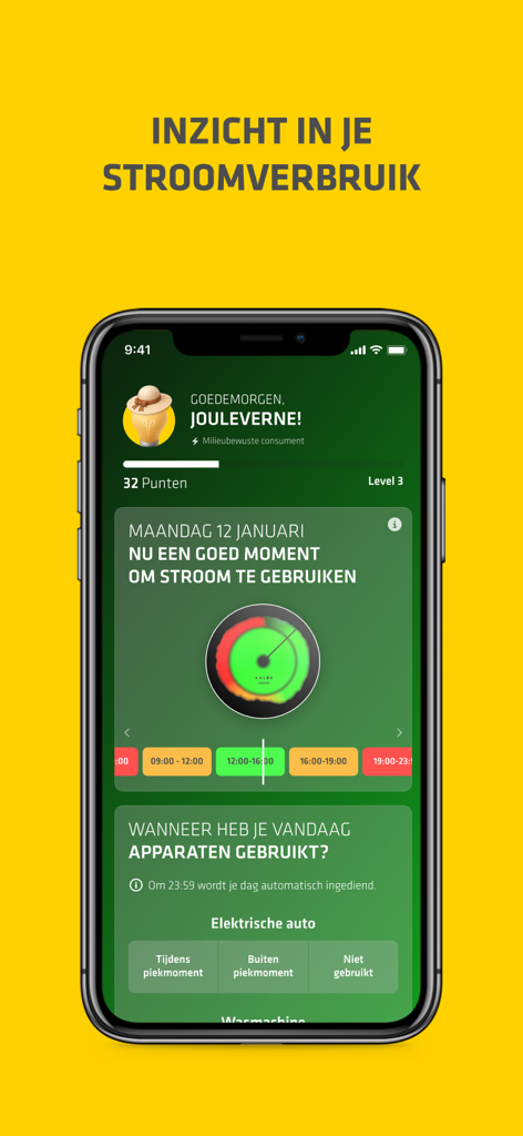 Stedin eKlok - Interfaz de la aplicación móvil Stedin eKlok que muestra el estado del consumo de energía en tiempo real con un medidor verde y puntos de usuario gamificados.