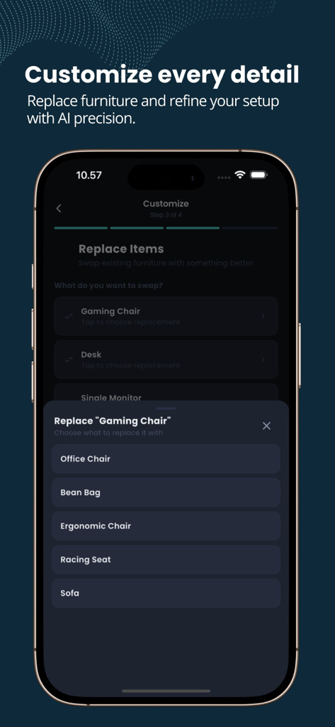 Game Room AI Designer - Mobile app interface showing furniture replacement options for a gaming setup design