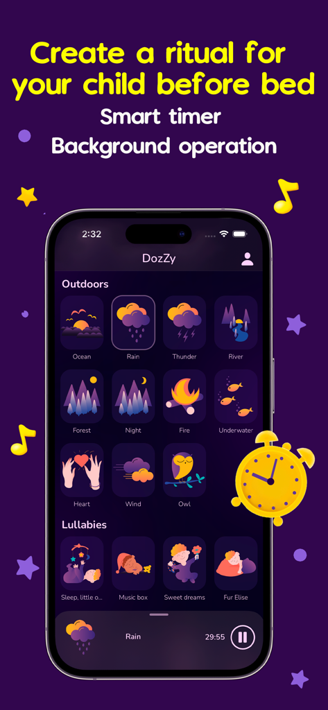 DozZy app interface showing a library of white noise sounds and lullabies for baby sleep routines with a smart timer feature