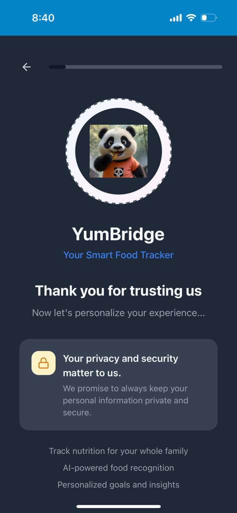 YumBridge – AI Food Tracker - Welcome screen for YumBridge AI Food Tracker emphasizing privacy and security features