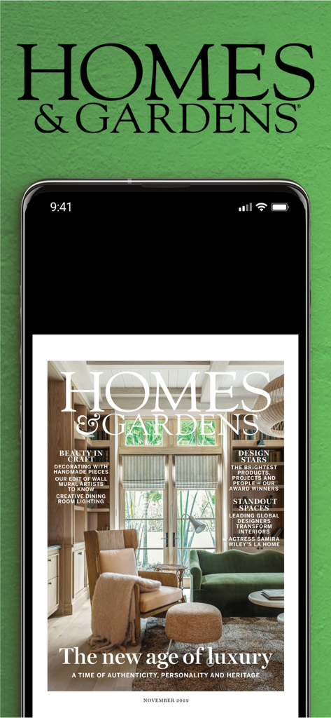 Digital cover of Homes and Gardens magazine showing a luxury living room interior
