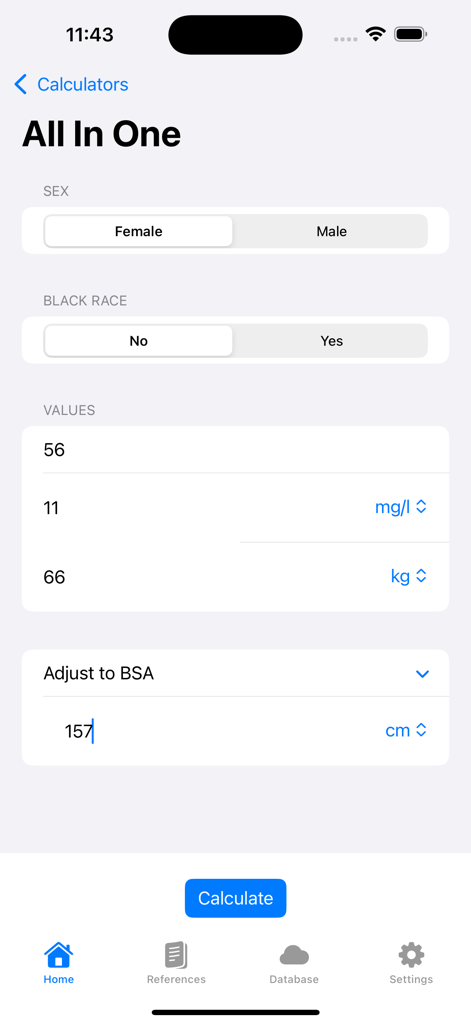 eGFR Calculator Pro - eGFR Calculator Pro All In One interface for entering patient data and laboratory values for kidney function calculation
