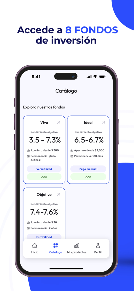 Investo - Mobile app screen showing a catalog of investment funds with different return rates and AAA ratings