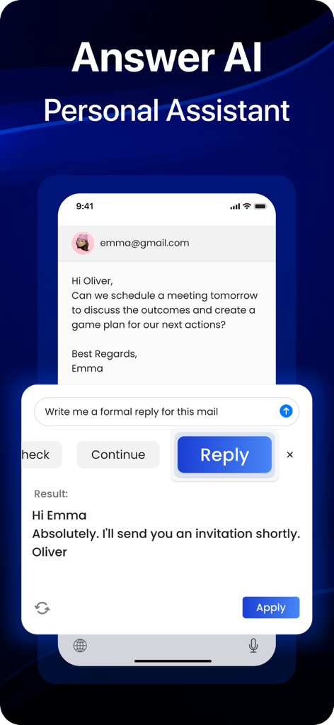 AI Keyboard : Type AI - AIキーボードパーソナルアシスタントが、メッセージングインターフェース内でフォーマルなメール返信を生成しています。