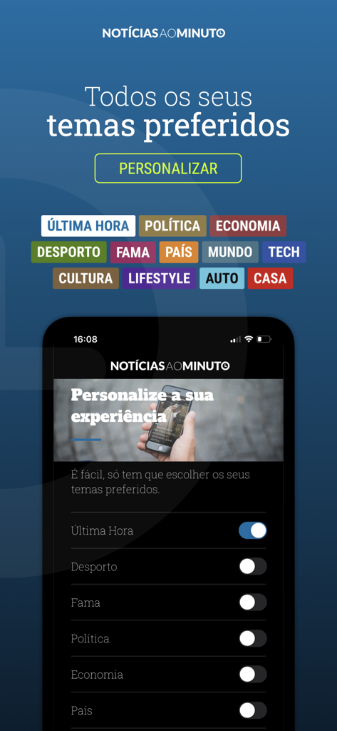 Ecrã de personalização da app Notícias ao Minuto Portugal mostrando diferentes categorias de notícias para seguir