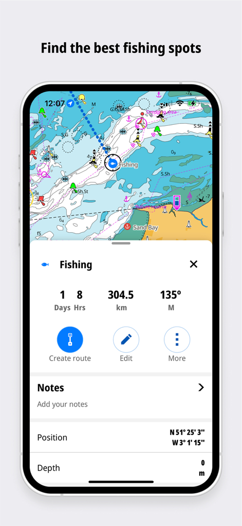Lowrance app screenshot showing a marine map with fishing waypoint details and navigation options