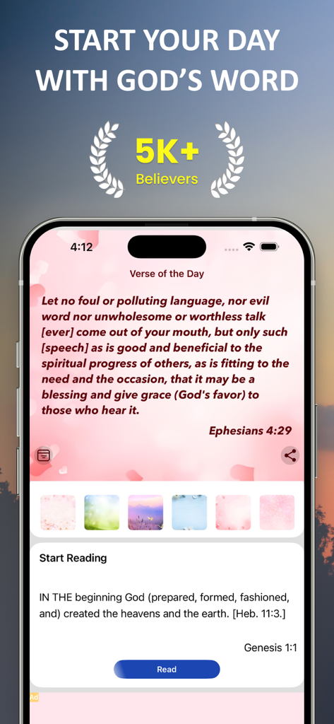 Amplified Bible app interface showing the Verse of the Day from Ephesians with a daily reading section