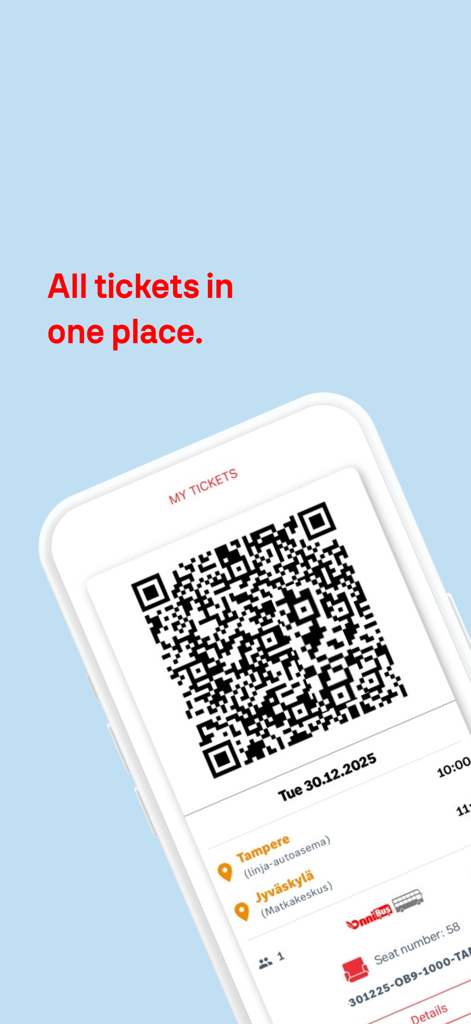 Schermata dell'app OnniBus che mostra un biglietto digitale con un codice QR