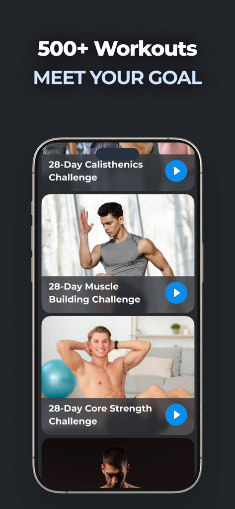 A smartphone displaying the MuscleFit app interface with options for 28-day calisthenics, muscle building, and core strength workout programs.