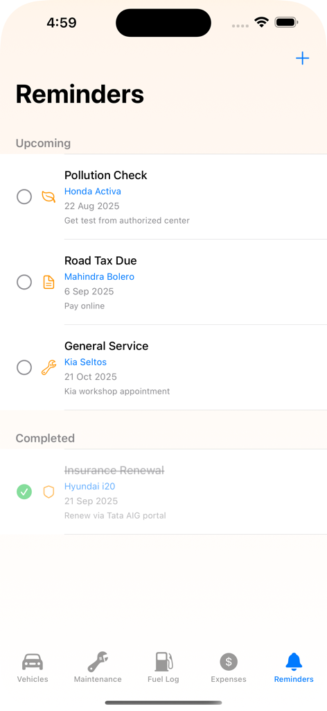 MyCarLog: Vehicle Tracker - Interface do aplicativo MyCarLog mostrando lembretes futuros do veículo para inspeções de poluição, impostos de trânsito e serviço geral