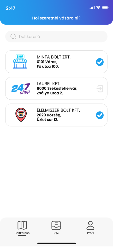 247 Shop - Interfaz de la aplicación móvil 247 Shop que muestra una lista de tiendas automatizadas disponibles para que el usuario elija.