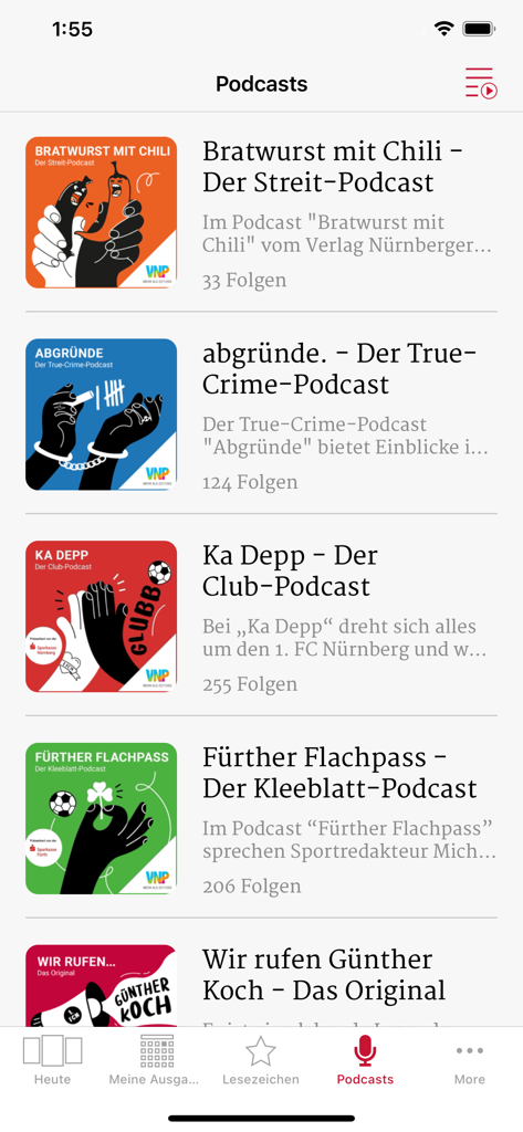 Liste lokaler Podcasts in der Nürnberger Nachrichten E-Paper-App
