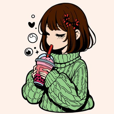 manga girl drinking boba in cozy sweater
