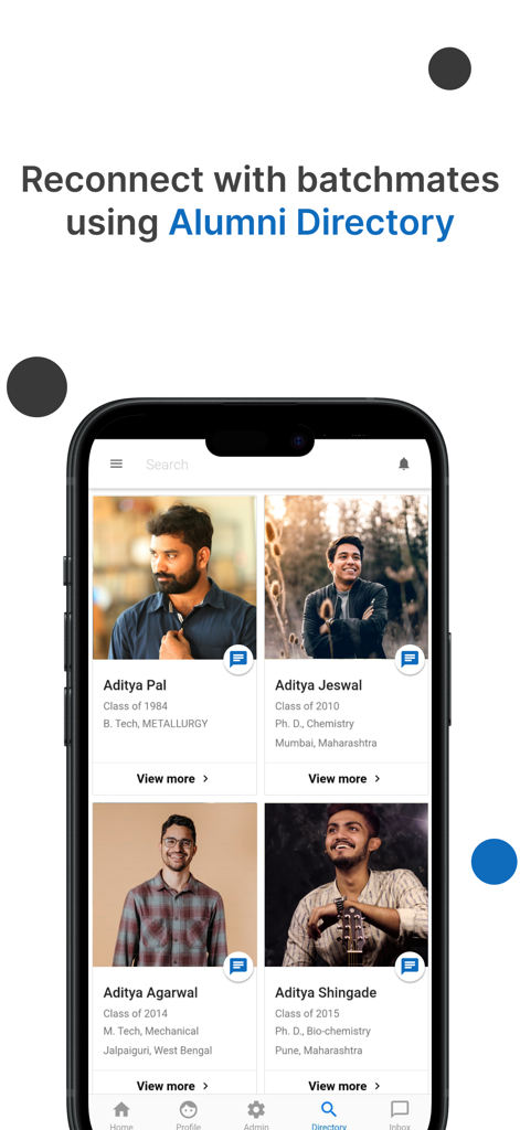 Almashines Alumni - Alumni directory feature in the Almashines app showing batchmate profiles