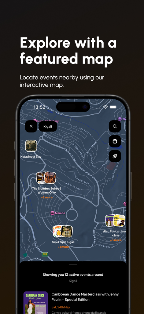 Sinc — Discover & Book Events - Interactive map in the Sinc app showing local event locations and details.
