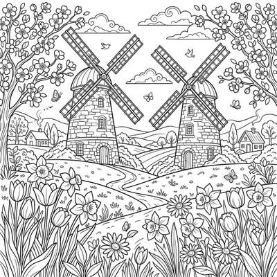 Welcome the beauty of spring with this delightful coloring page featuring majestic stone windmills nestled among fields of vibrant flowers. This intricate design offers a serene escape, perfect for bringing the season's fresh energy to life with your favorite colors.