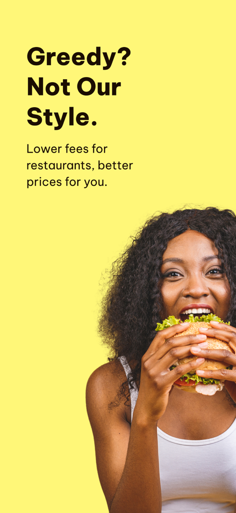 Anh Béo - A woman eating a burger on a yellow background with text highlighting lower fees for restaurants and better prices for customers