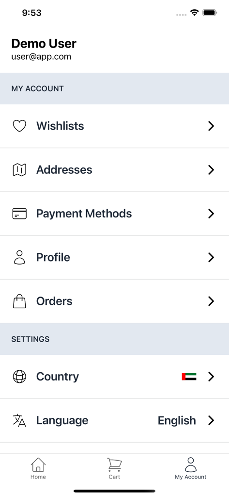IVSouq: Shopping & Booking - Interfaccia utente per l'account e le impostazioni nell'app IVSouq che mostra opzioni del profilo ordini e preferenze linguistiche