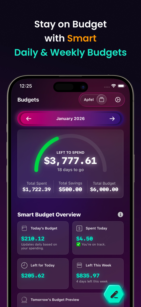 Kora Daily Expense Tracker - Kora 앱 인터페이스가 지출 지표 및 진행률 추적과 함께 스마트 일일 및 주간 예산 개요를 표시하고 있습니다.