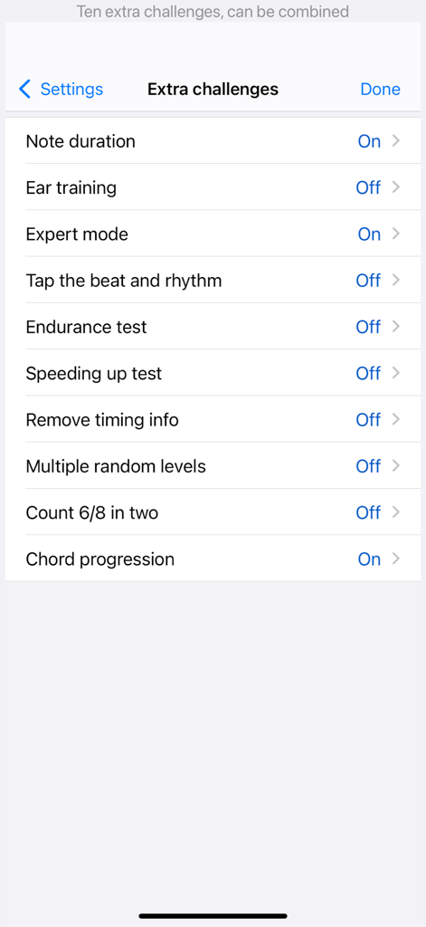 A list of extra challenges in the Rhythm Sight Reading Trainer app settings
