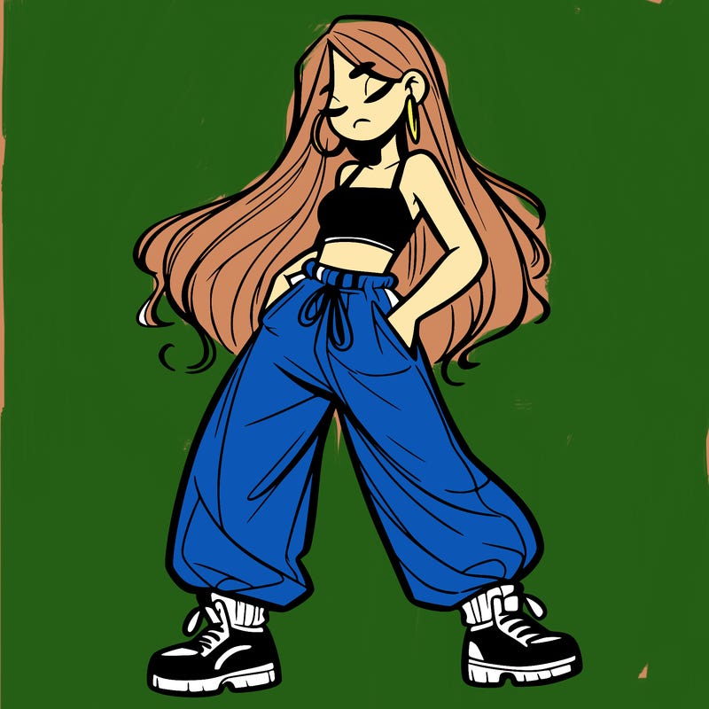 girl in baggy pants crop top and long hair