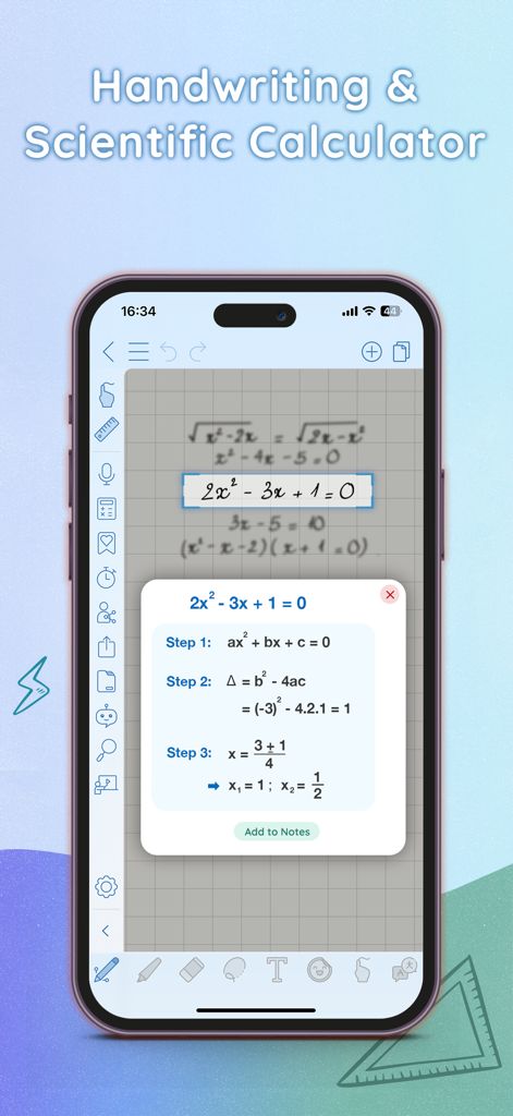 A smartphone displaying the CollaNote app using its AI scientific calculator to solve a handwritten quadratic equation with step-by-step instructions.