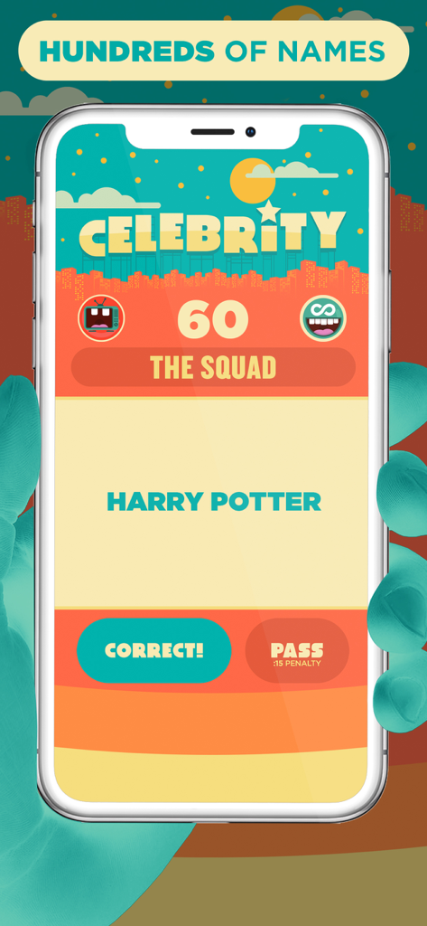 Celebrity Party Game app screen displaying the name Harry Potter and a timer.