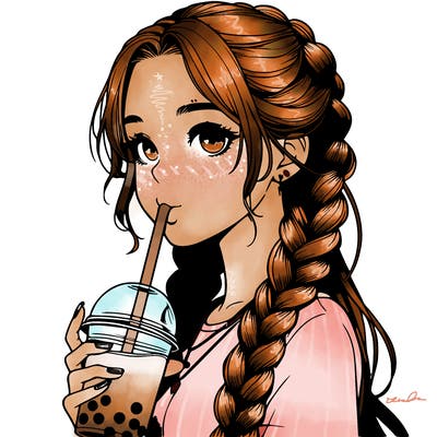 realistic girl with braided hair drinking boba