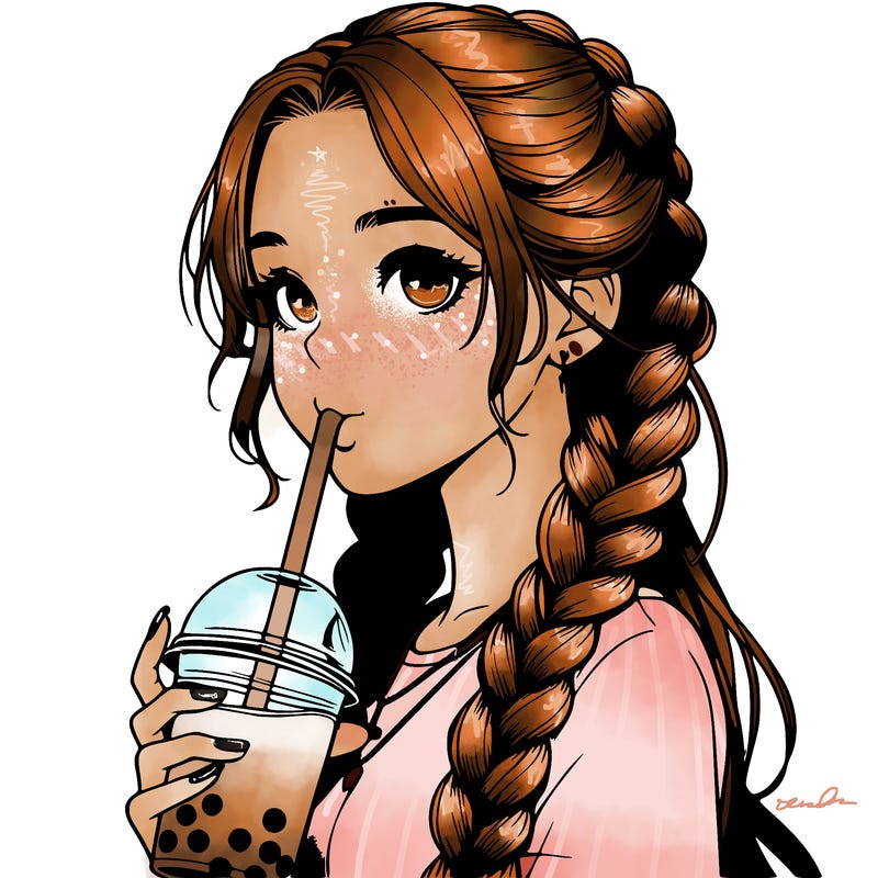 realistic girl with braided hair drinking boba