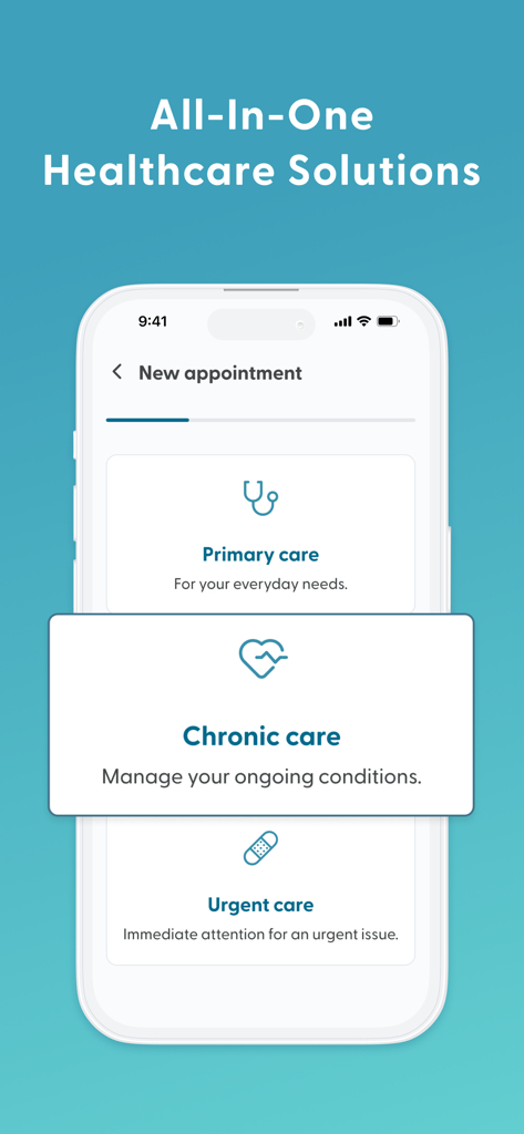 LifeMD Telehealth - Interfaz de la aplicación LifeMD que muestra opciones de citas de atención primaria, crónica y de urgencia.