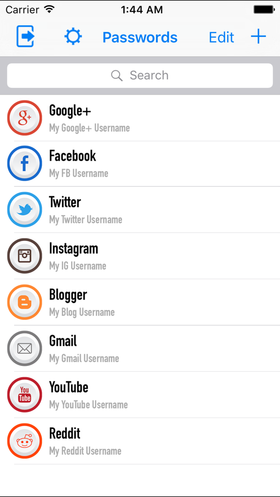 A list of saved social media and email accounts within the Simple Password Manager app interface