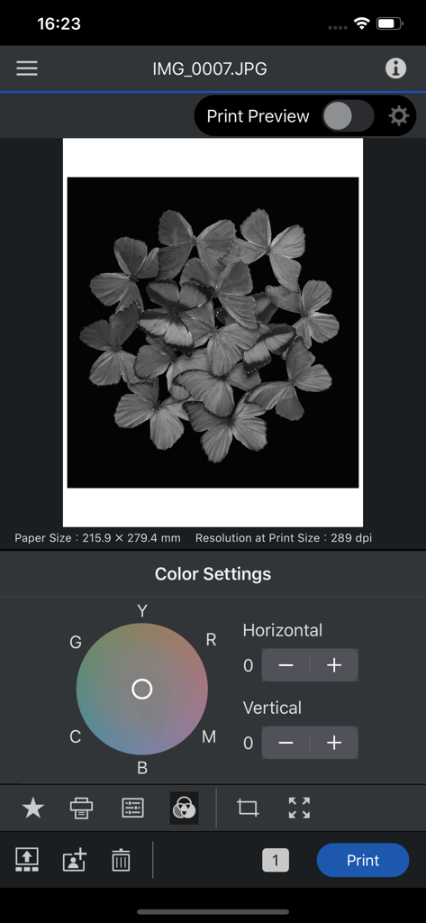 Interfaz de la aplicación Epson Print Layout que muestra la rueda de colores monocromáticos para una foto de mariposa