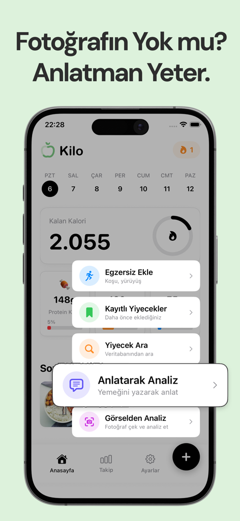 Kilo - AI Calorie Tracking - Pantalla de la aplicación Kilo mostrando opciones de registro de comidas, incluido el análisis de descripciones de texto.