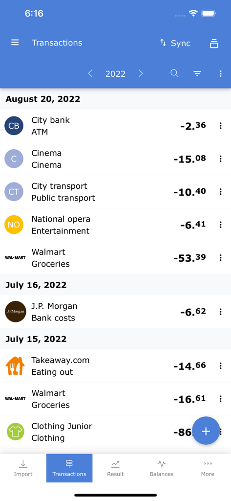 A list of daily expenses and transactions in the Spendle mobile app