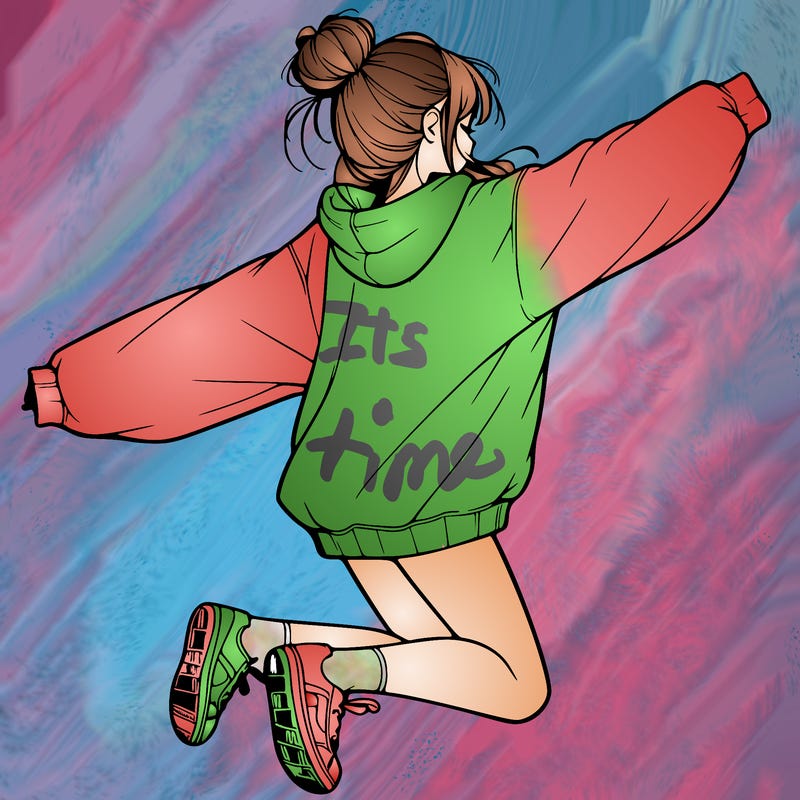 realistic girl jumping with a bun and oversized sweatshirt