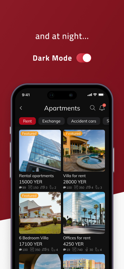 Yemen Mazad يمن مزاد - Yemen Mazad app interface in dark mode featuring apartment and villa listings for rent in Yemen