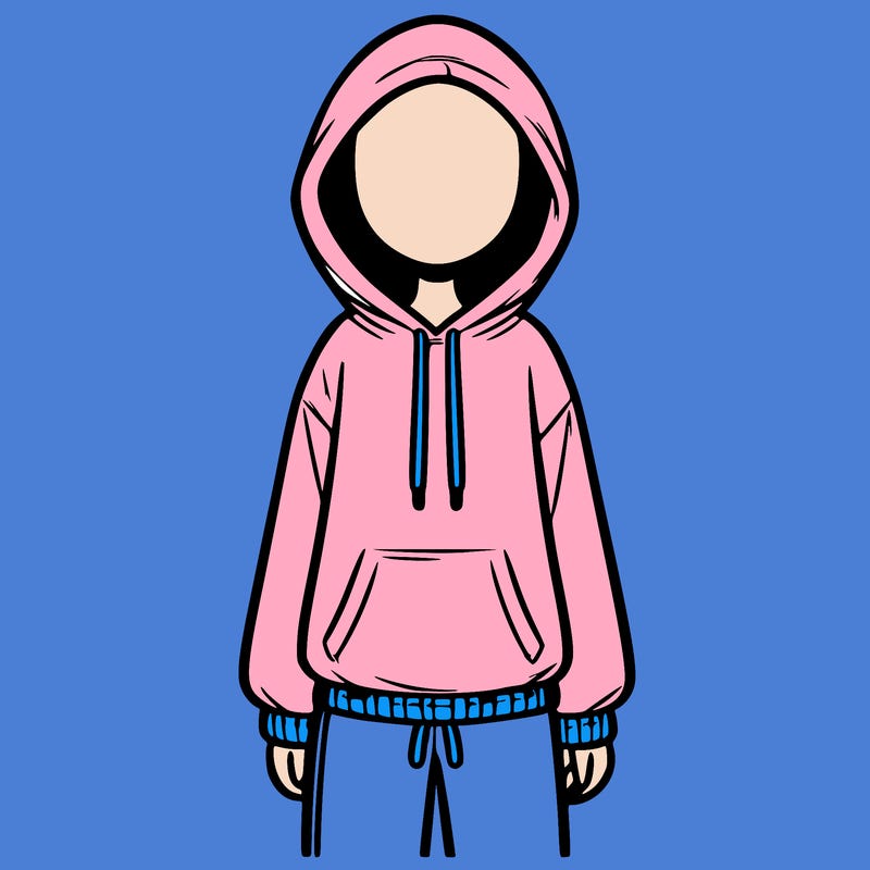faceless girl in a tracksuit with a hood on and no hair