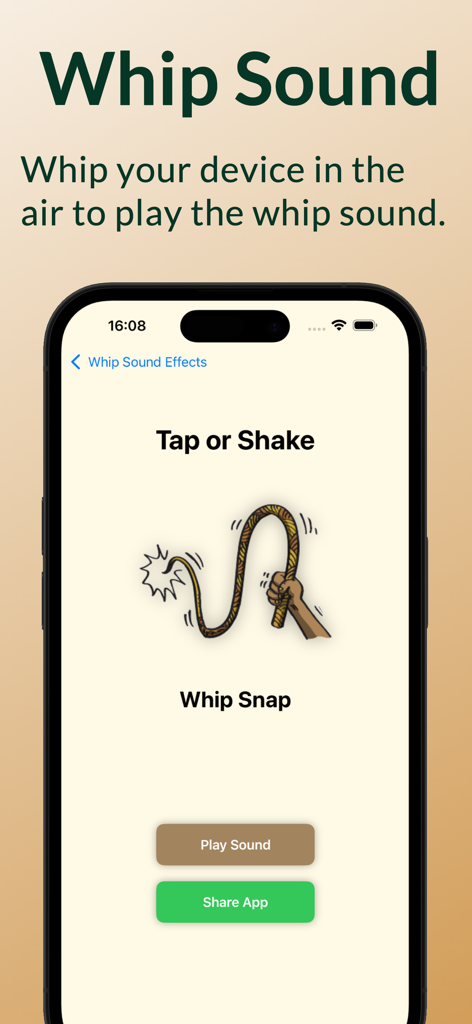 Pocket Whip app interface featuring a whip illustration and play sound button