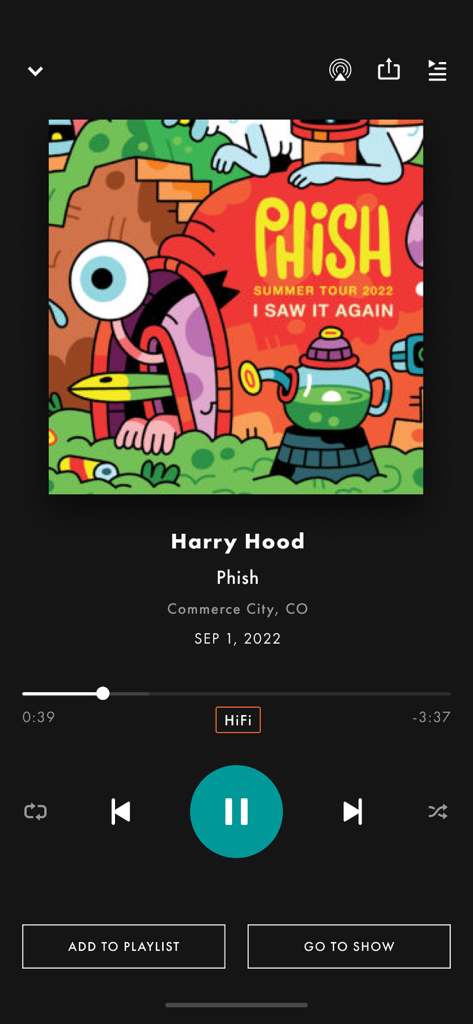 LivePhish - Wiedergabebildschirm der LivePhish-App, der eine Live-Version von Harry Hood in HiFi-Audio abspielt.
